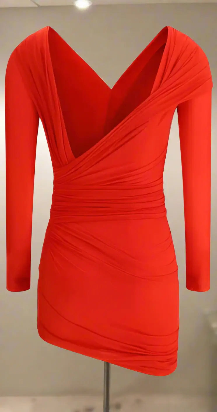 Balenciaga red draped short dress with long sleeves and deep V-neck for stylish looks
