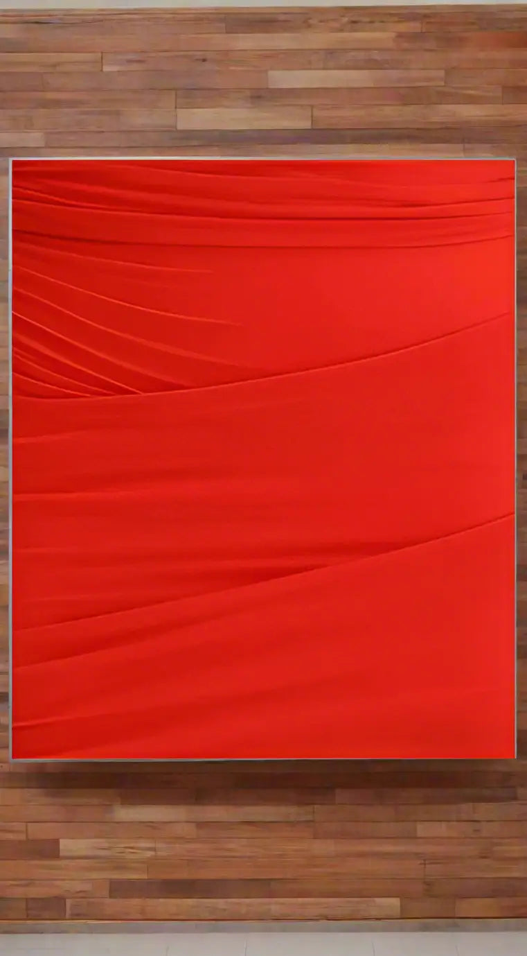 Red textured canvas artwork displayed with Balenciaga red draped short dress