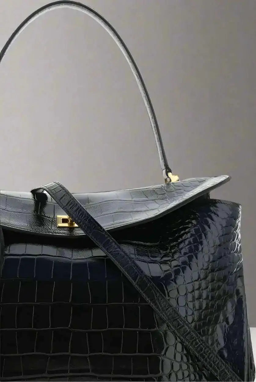 Balenciaga Rodeo midnight blue medium handbag in glossy black alligator-embossed leather