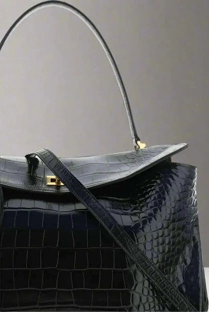 Balenciaga Rodeo midnight blue medium handbag in glossy black alligator-embossed leather