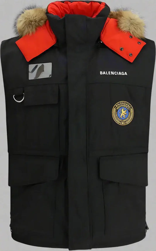 Black puffer vest with red collar and fur trim from BALENCIAGA women’s Reversible Down Vest