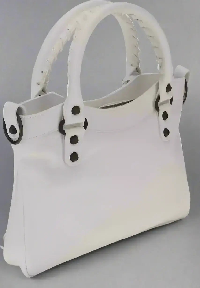 White leather BALENCIAGA women’s Le City First Handbag with braided handles and zippered pocket