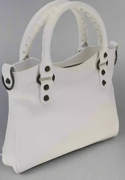 White leather BALENCIAGA women’s Le City First Handbag with braided handles and zippered pocket