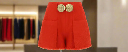 BALMAIN 2 PKTS BTN ESCARGOT BELTED RED TWEED SHORTS - XS - Shorts