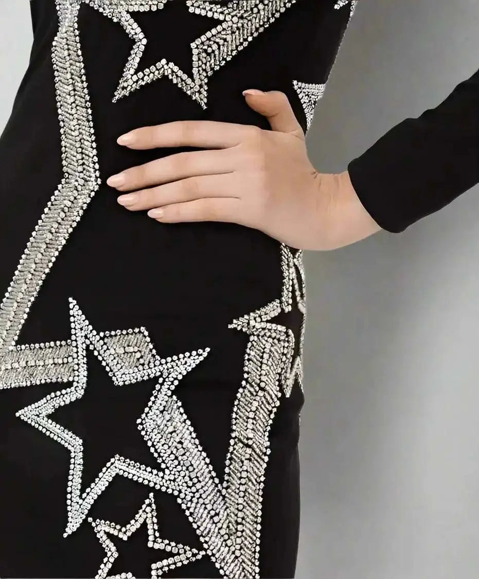 Black viscose dress with sparkling star and stripe embellishments in BALMAIN collection