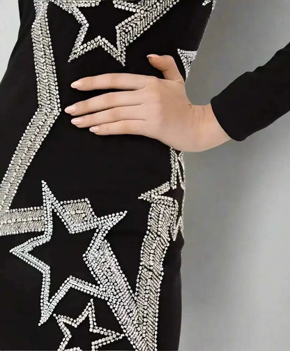 Black viscose dress with sparkling star and stripe embellishments in BALMAIN collection