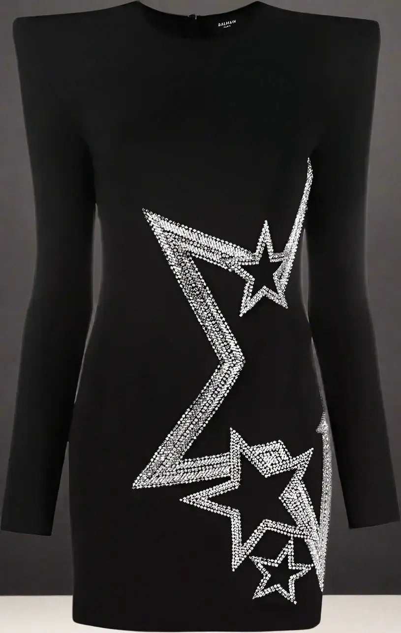 Black long-sleeved viscose dress with shoulder pads and rhinestone star embellishments