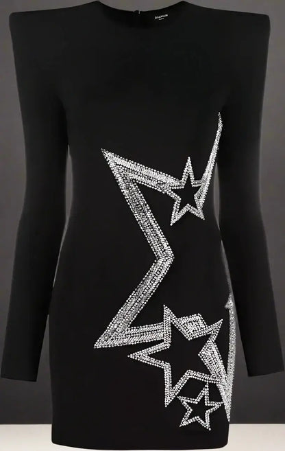 Black long-sleeved viscose dress with shoulder pads and rhinestone star embellishments