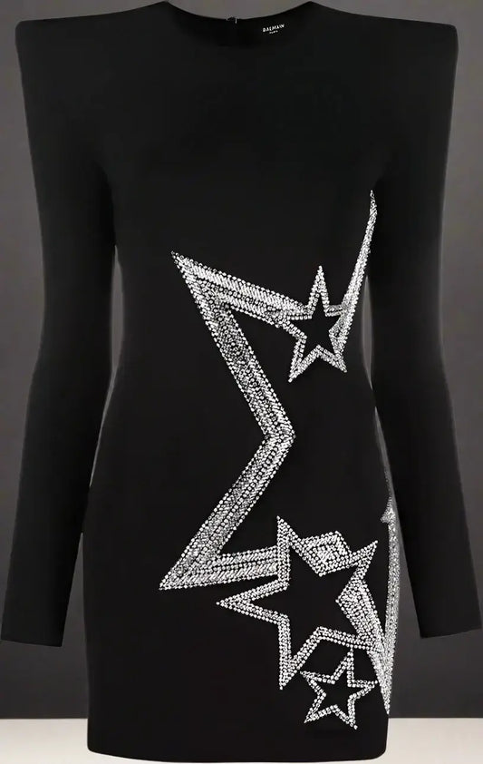 Black long-sleeved viscose dress with shoulder pads and rhinestone star embellishments