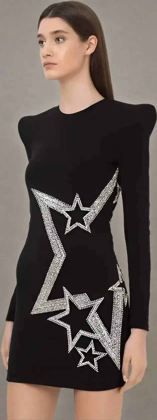 Black long-sleeved viscose dress with silver star embellishments from BALMAIN