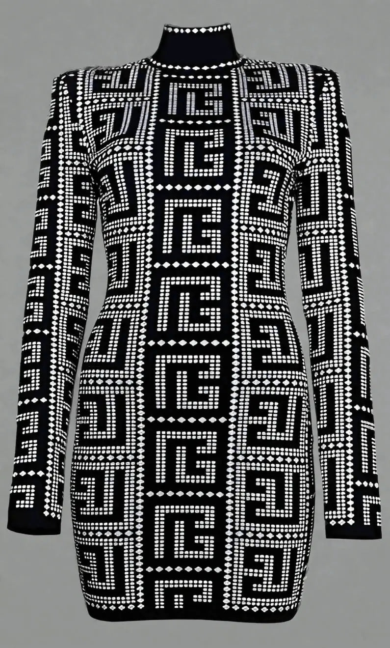 Black viscose dress with long sleeves and white geometric pattern in BALMAIN collection