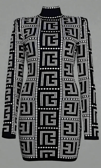 Black viscose dress with long sleeves and white geometric pattern in BALMAIN collection