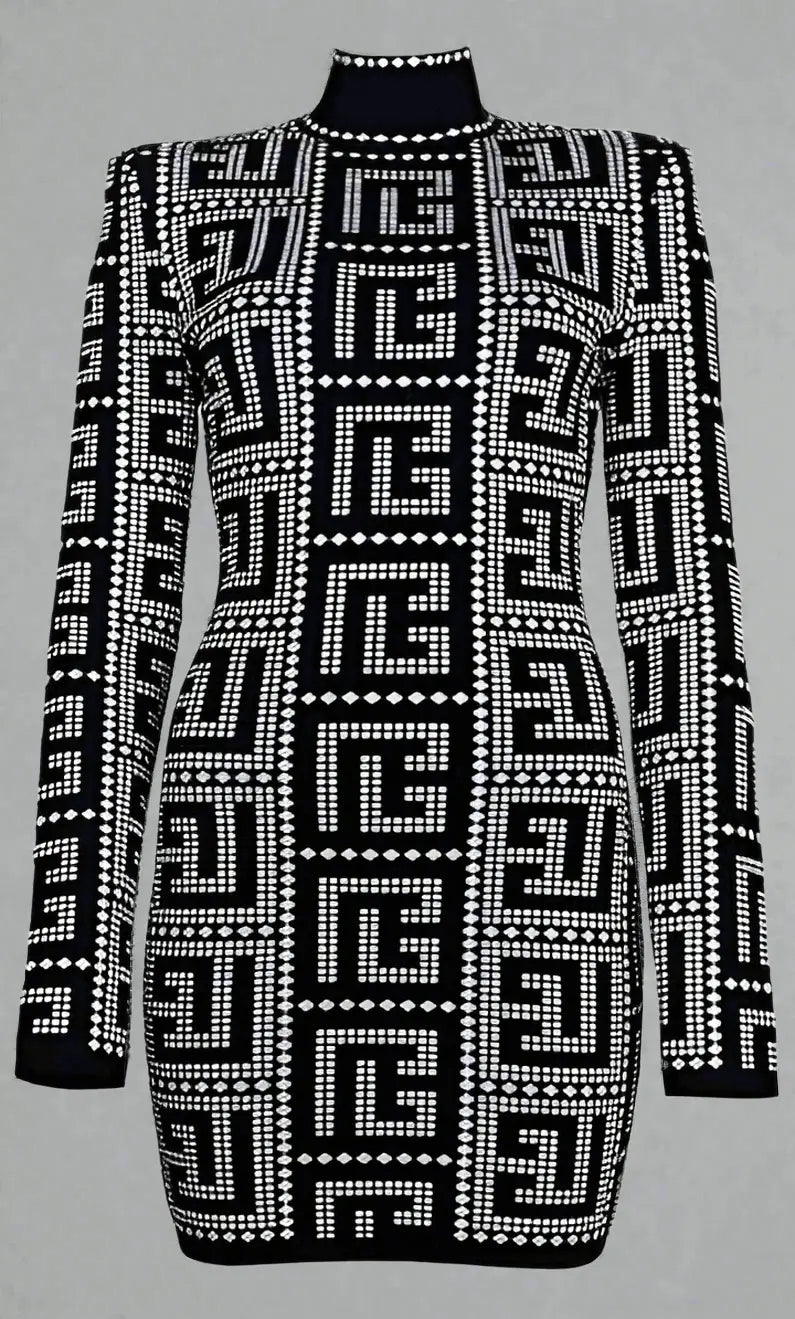 Black and white geometric pattern long-sleeve mini dress, BALMAIN black viscose dress