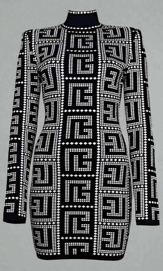 Black and white geometric pattern long-sleeve mini dress, BALMAIN black viscose dress