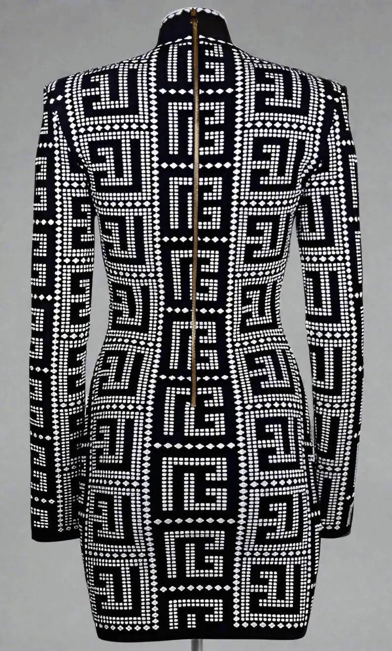 Black viscose dress with geometric pattern, long sleeves, and full-length back zipper