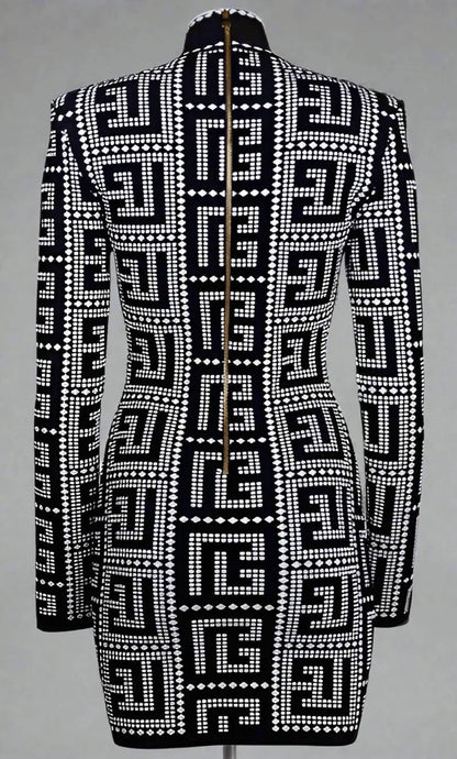 Black viscose dress with geometric pattern, long sleeves, and full-length back zipper