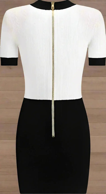 Black and white braided pattern midi dress with short sleeves and full-length gold zipper
