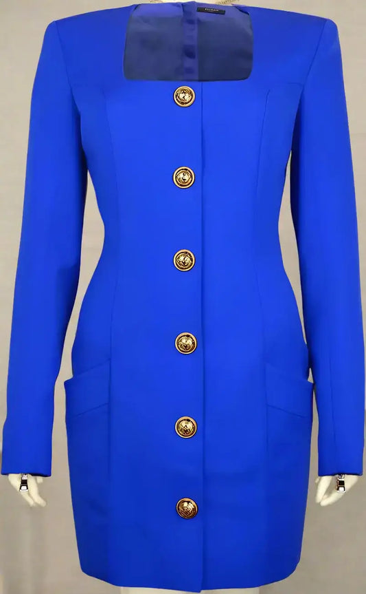 Balmain Royal Blue Wool Dress with gold buttons and square neckline