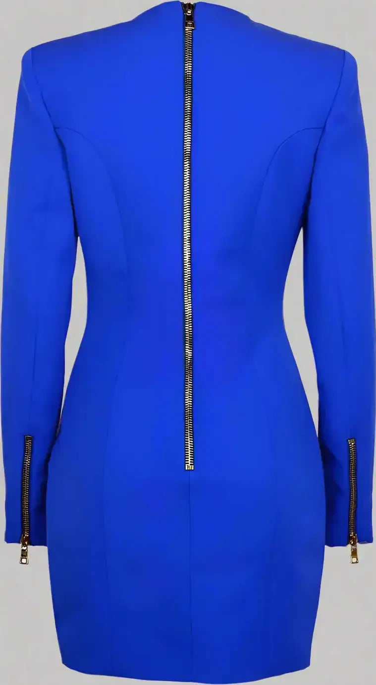 Balmain Royal Blue Wool Dress with full-length back zipper and zippered cuffs