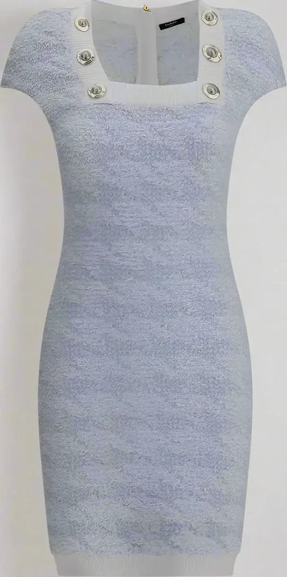Light blue Balmain stretch midi dress with silver grommet details and short sleeves