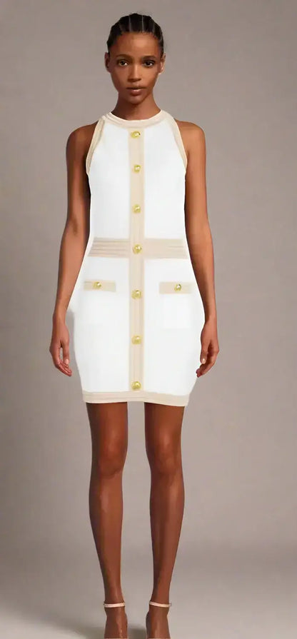 Balmain White Viscose Dress with gold buttons and beige trim for women