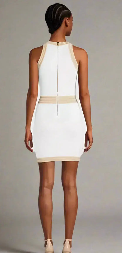 Balmain White viscose women dress with gold buttons and tan trim for stylish summer wear