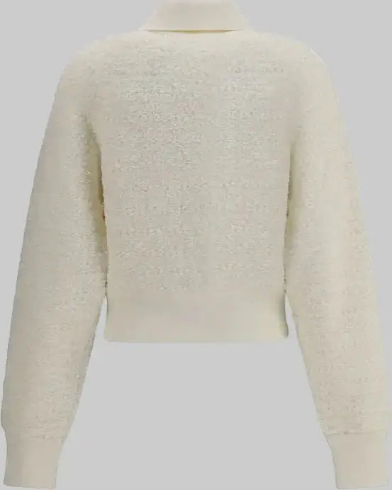Cream-colored textured long-sleeved cropped sweater with collar, part of BALMAIN tweed bomber jacket collection