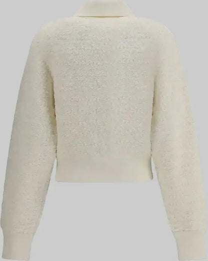 Cream-colored textured long-sleeved cropped sweater with collar, part of BALMAIN tweed bomber jacket collection