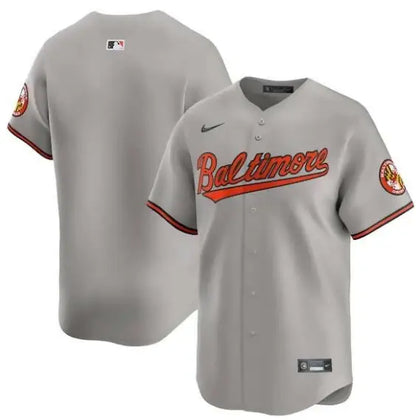 Gray Baltimore Orioles Nike Road Limited Jersey showing team logo and official design