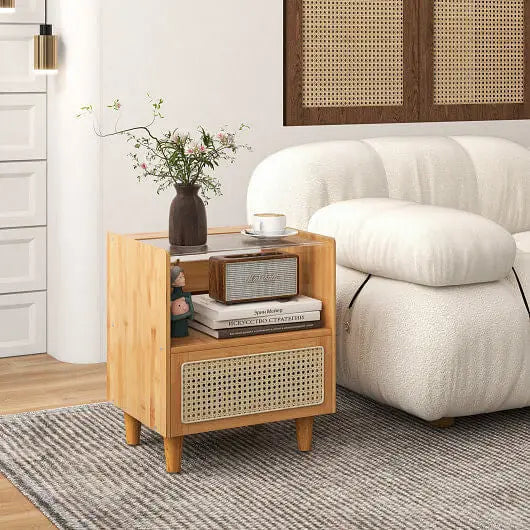 Bamboo Rattan Nightstand with Drawer and Solid Wood Legs-Natural - Color:Natural - Nightstand