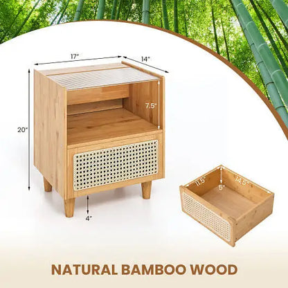 Bamboo Rattan Nightstand with Drawer and Solid Wood Legs-Natural - Color:Natural - Nightstand