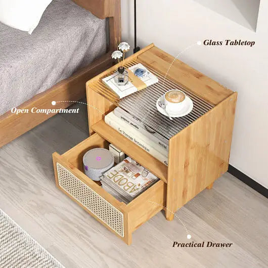 Bamboo Rattan Nightstand with Drawer and Solid Wood Legs-Natural - Color:Natural - Nightstand