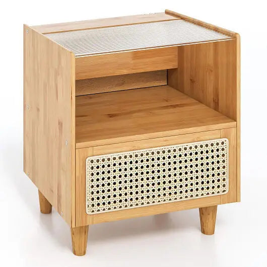 Bamboo Rattan Nightstand with Drawer and Solid Wood Legs-Natural - Color:Natural - Nightstand