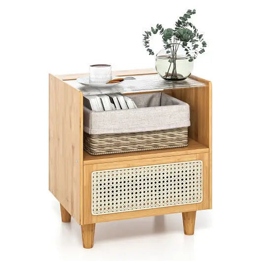 Bamboo Rattan Nightstand with Drawer and Solid Wood Legs-Natural - Color:Natural - Nightstand