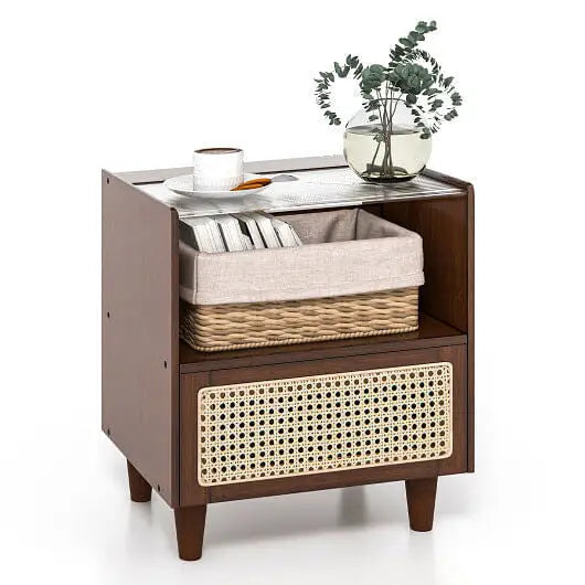 Bamboo Rattan Nightstand with Drawer and Solid Wood Legs-Natural - Color:Natural - Nightstand