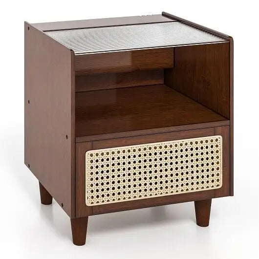 Bamboo Rattan Nightstand with Drawer and Solid Wood Legs-Natural - Color:Natural - Nightstand