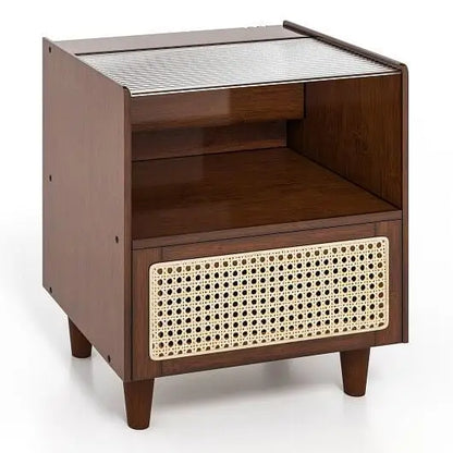 Bamboo Rattan Nightstand with Drawer and Solid Wood Legs-Natural - Color:Natural - Nightstand