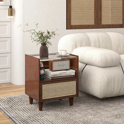 Bamboo Rattan Nightstand with Drawer and Solid Wood Legs-Natural - Color:Natural - Nightstand