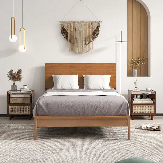 Bamboo Rattan Nightstand with Drawer and Solid Wood Legs-Natural - Color:Natural - Nightstand