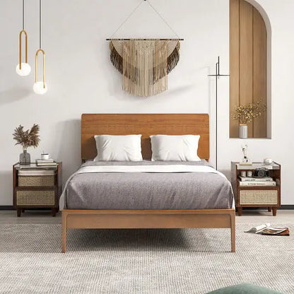 Bamboo Rattan Nightstand with Drawer and Solid Wood Legs-Natural - Color:Natural - Nightstand