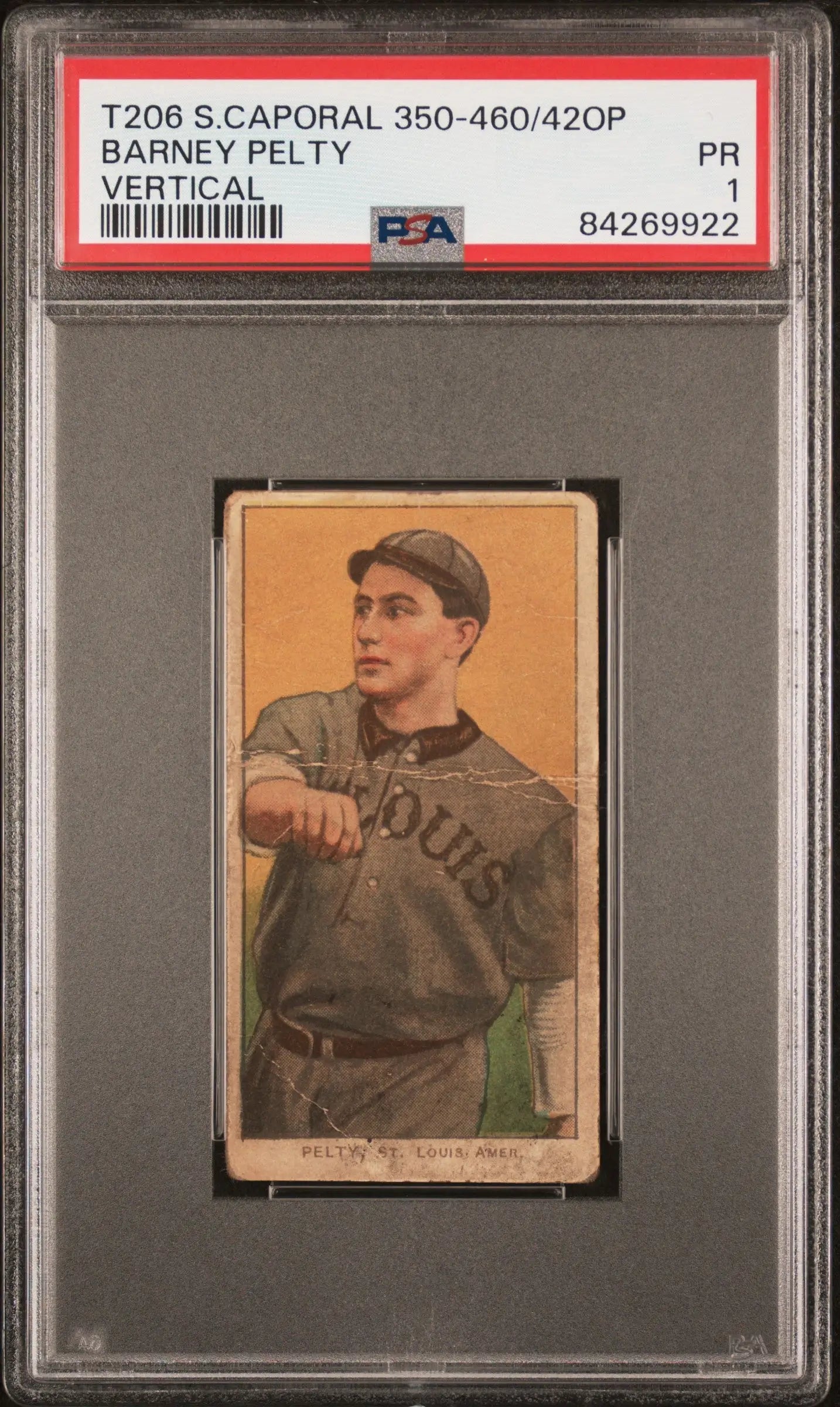 PSA-graded Barney Pelty T206 Sweet Caporal card in St. Louis Browns uniform
