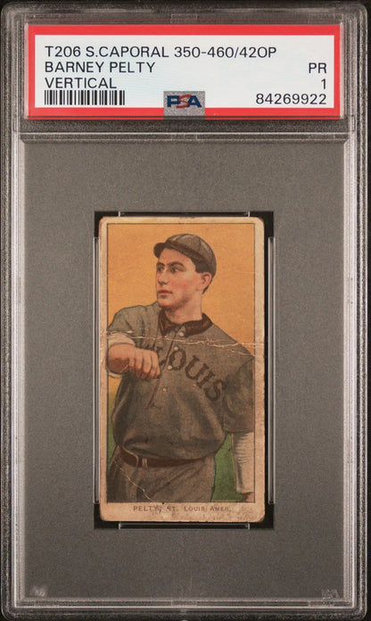 PSA-graded Barney Pelty T206 Sweet Caporal card in St. Louis Browns uniform