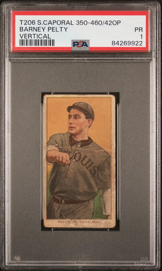 PSA-graded Barney Pelty T206 Sweet Caporal card in St. Louis Browns uniform
