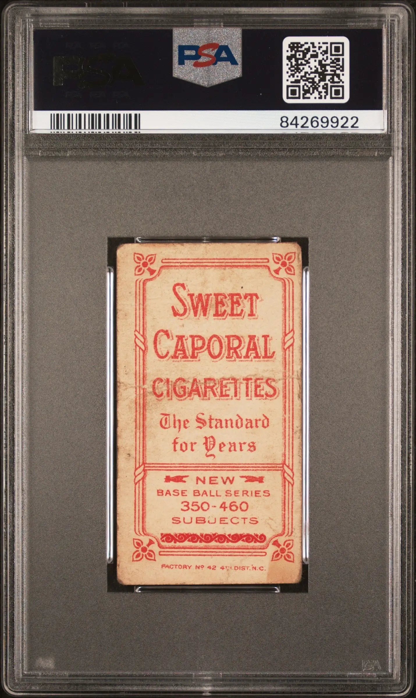 Sweet Caporal cigarette pack in PSA 1 Poor graded holder from Barney Pelty T206 series