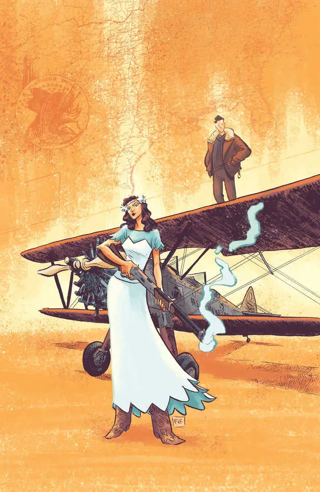 Vintage biplane with figures near it in Barnstormers #1 Cover H Foc Moon trading cards