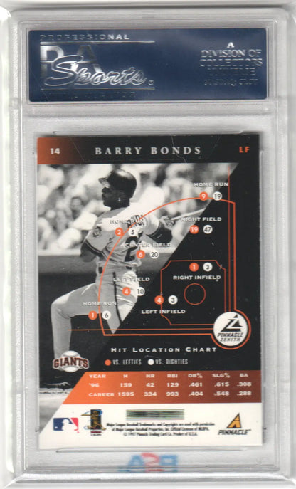 Barry Bonds 1997 Pinnacle Zenith baseball card in PSA 10 GEM MINT from Columbia Hobby