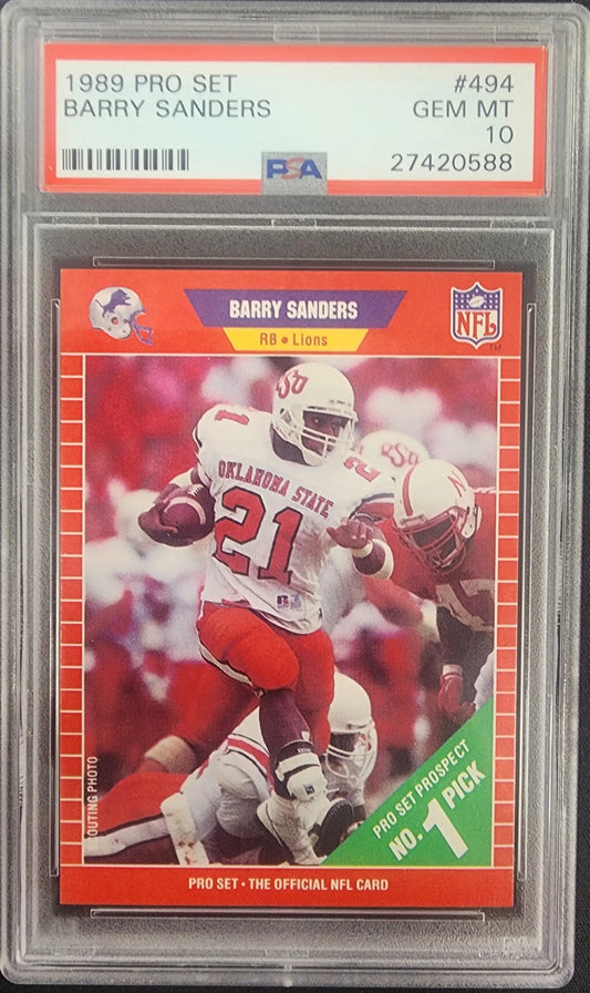 Barry Sanders 1989 Pro Set #494 RC PSA 10 Gem Mint trading card in red and white uniform
