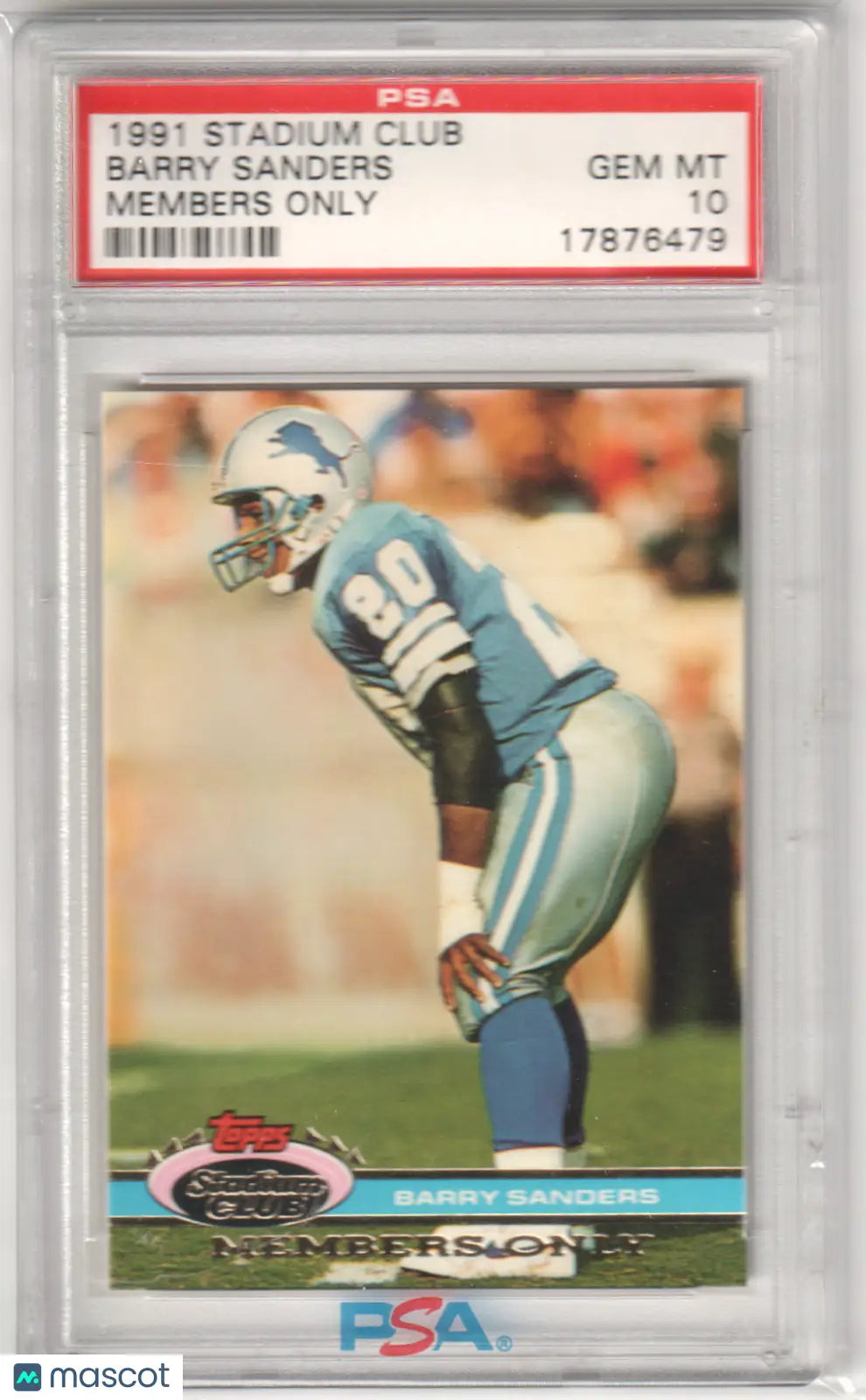 A graded 1991 Stadium Club Barry Sanders Members Only football card in PSA 10 GEM MINT condition