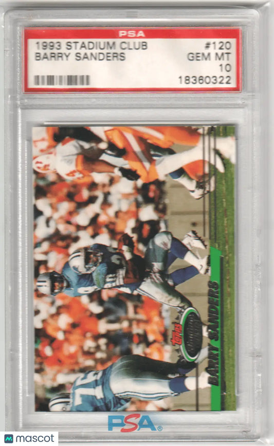 Graded Barry Sanders football card from Topps Stadium Club, PSA 10 GEM MINT, Lions