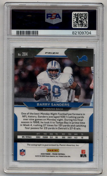NFL trading card of Barry Sanders in white uniform running with football, Prizm Auto Blue